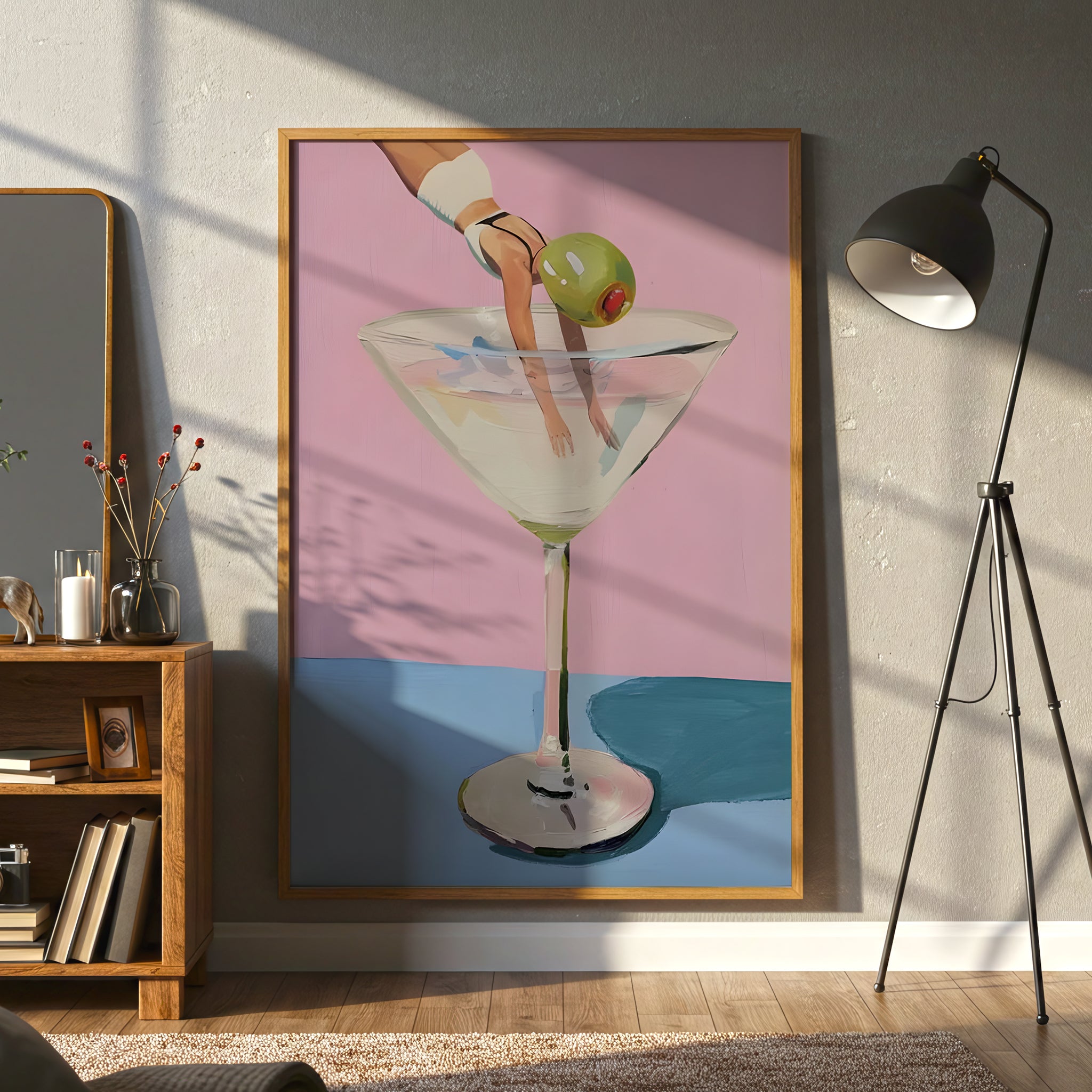Diver Martini Canvas Wall Art, Modern Surreal Cocktail Painting, Whimsical Home Decor, Pink and Blue Art Print, Framed Art for Living Room or Bar