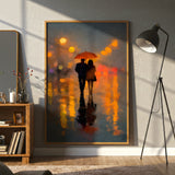 Romantic Couple Under Red Umbrella Canvas Wall Art, City Lights Abstract Painting, Modern Home Decor, Framed Artwork for Living Room or Bedroom