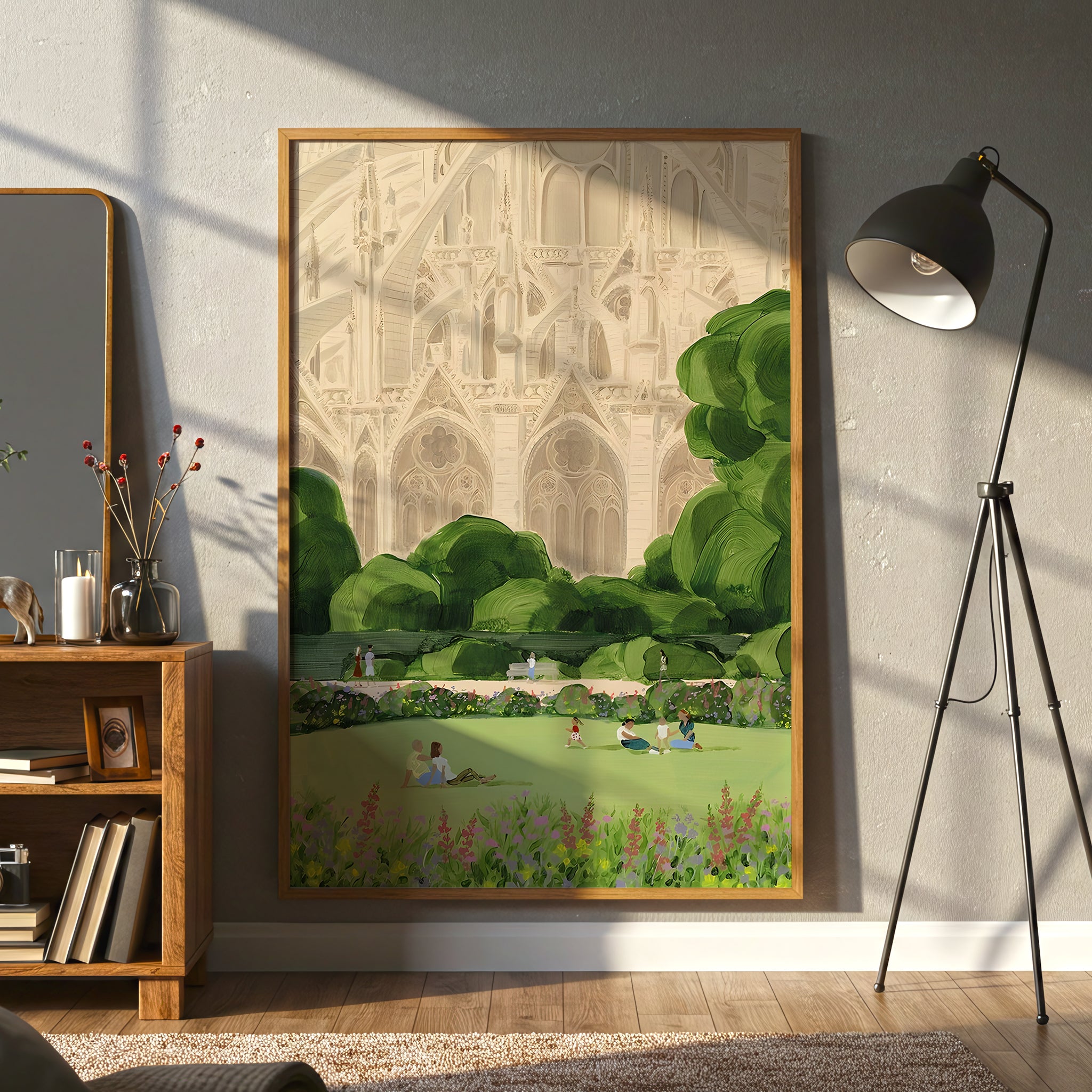 Notre Dame Park Scene Canvas Wall Art, Paris Landmark Decor, Botanical Landscape Print, Modern French Art for Living Room, Framed Canvas Wall Art, Elegant Gothic Cathedral Design