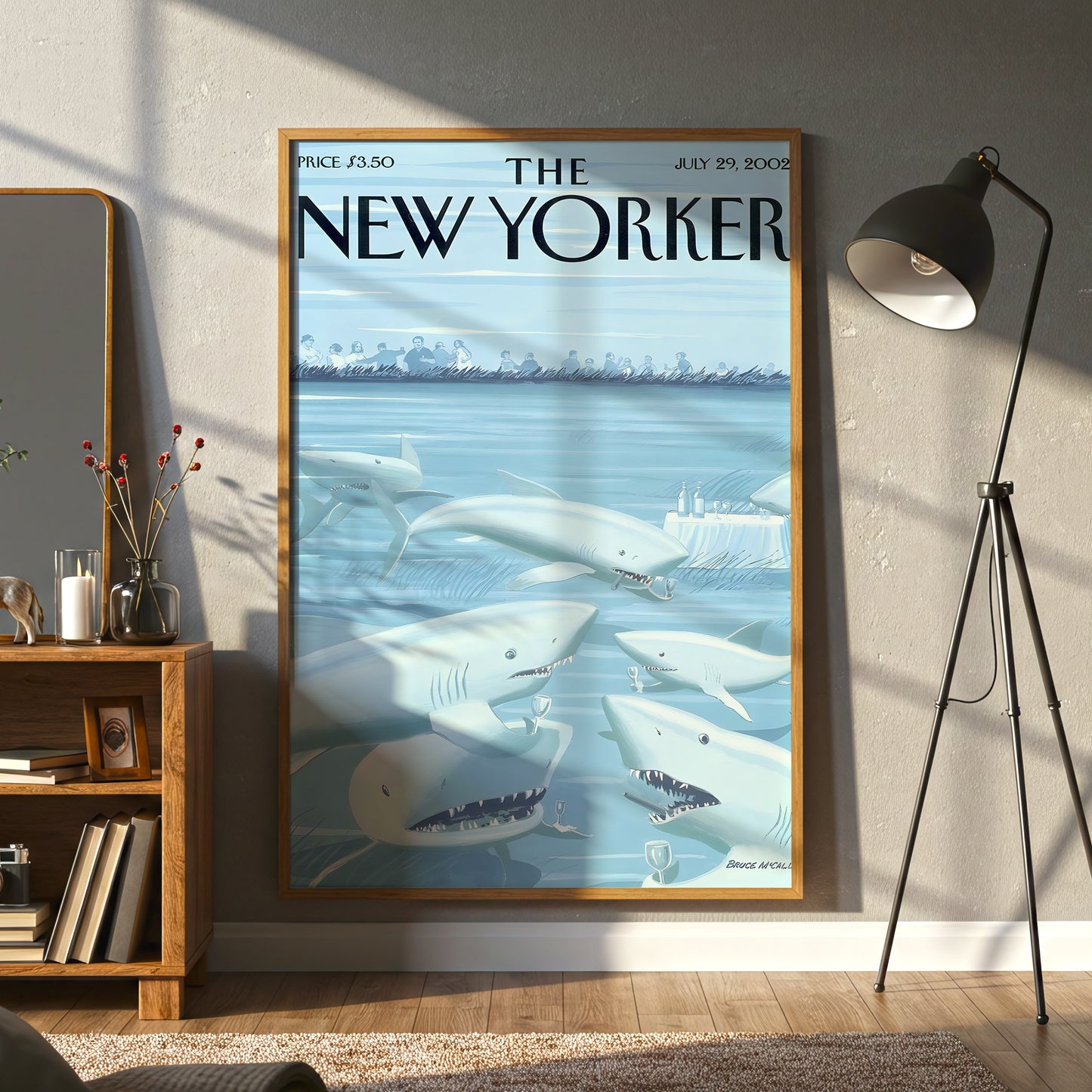 The New Yorker Cover Canvas Wall Art, Shark Illustration, Ocean Humor Decor, Modern Framed Print, Unique Living Room Art