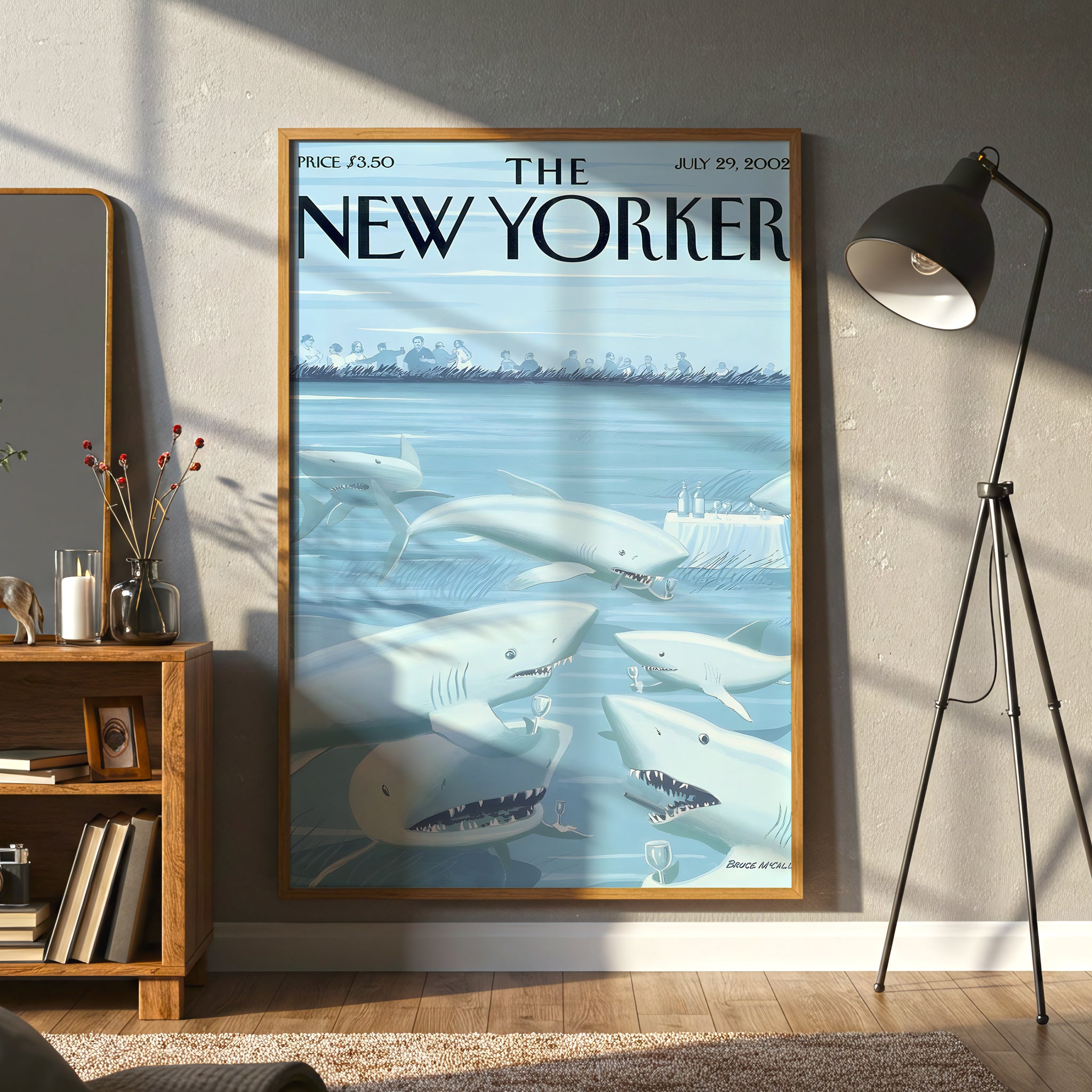 The New Yorker Cover Canvas Wall Art, Shark Illustration, Ocean Humor Decor, Modern Framed Print, Unique Living Room Art