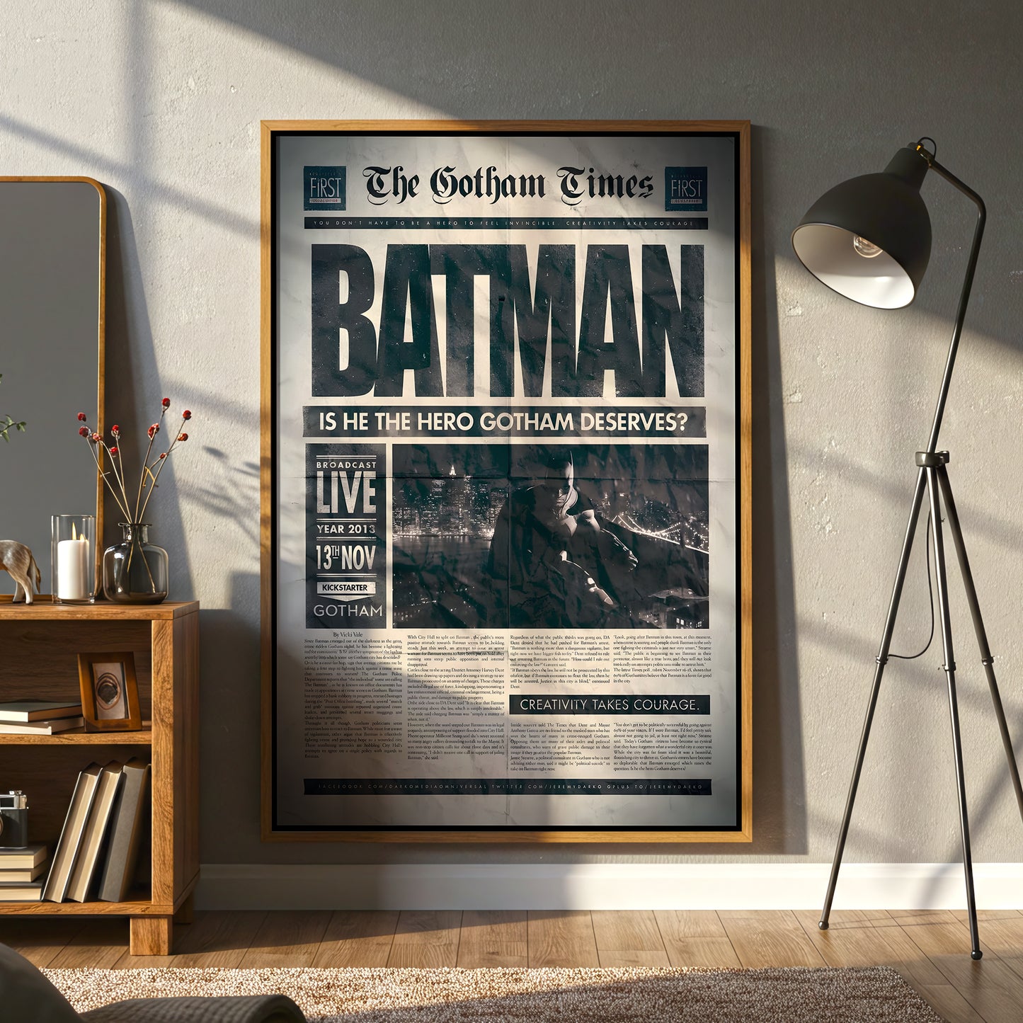 Batman Newspaper Poster Canvas Wall Art, Gotham Times Headline Print, Superhero Room Decor, Modern Comic Art, Framed Home Office Wall Decoration