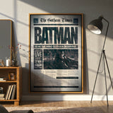 Batman Newspaper Poster Canvas Wall Art, Gotham Times Headline Print, Superhero Room Decor, Modern Comic Art, Framed Home Office Wall Decoration