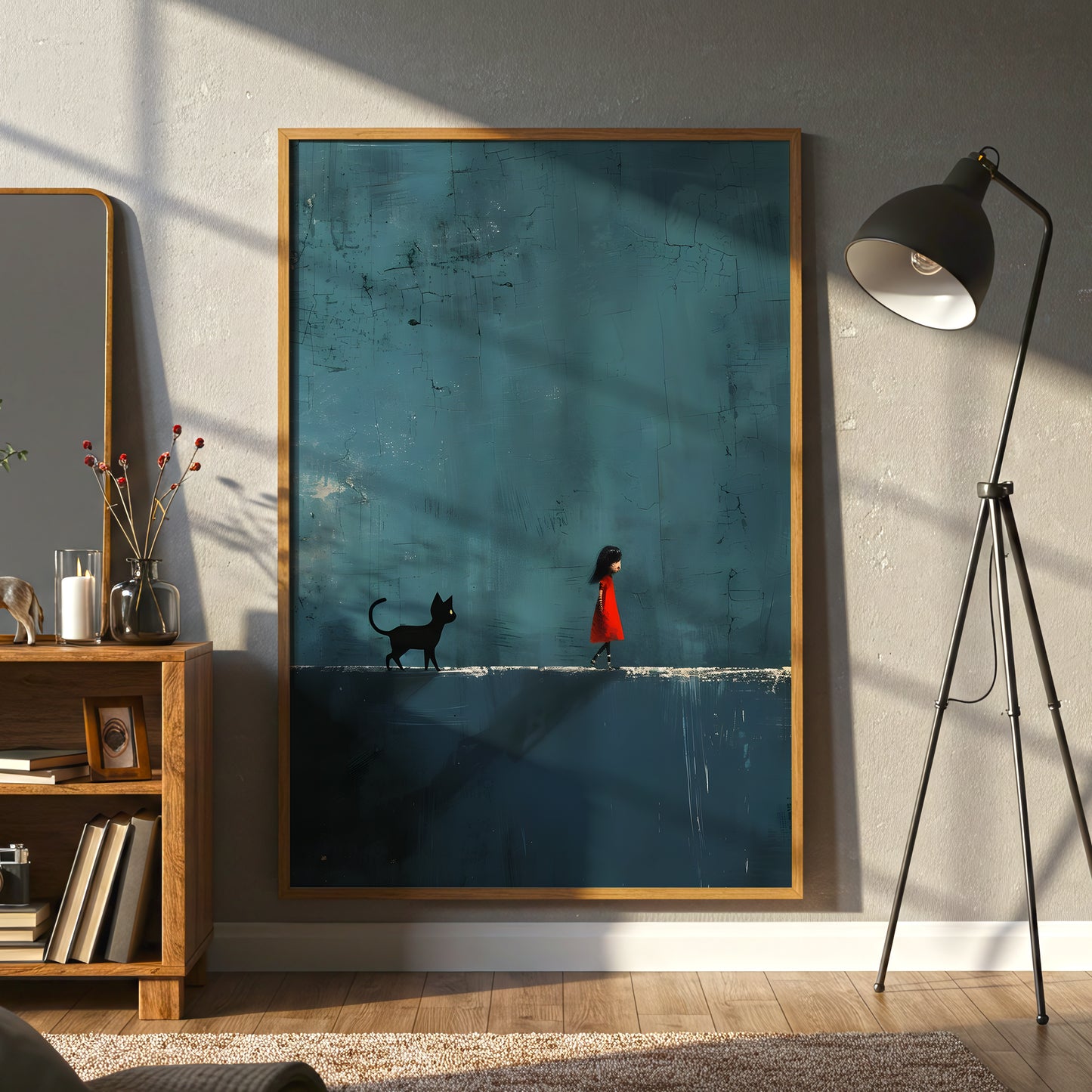 Girl and Cat Minimalist Canvas Wall Art, Whimsical Blue Abstract Painting, Modern Home Decor, Framed Canvas Wall Art, Unique Gift for Cat Lovers