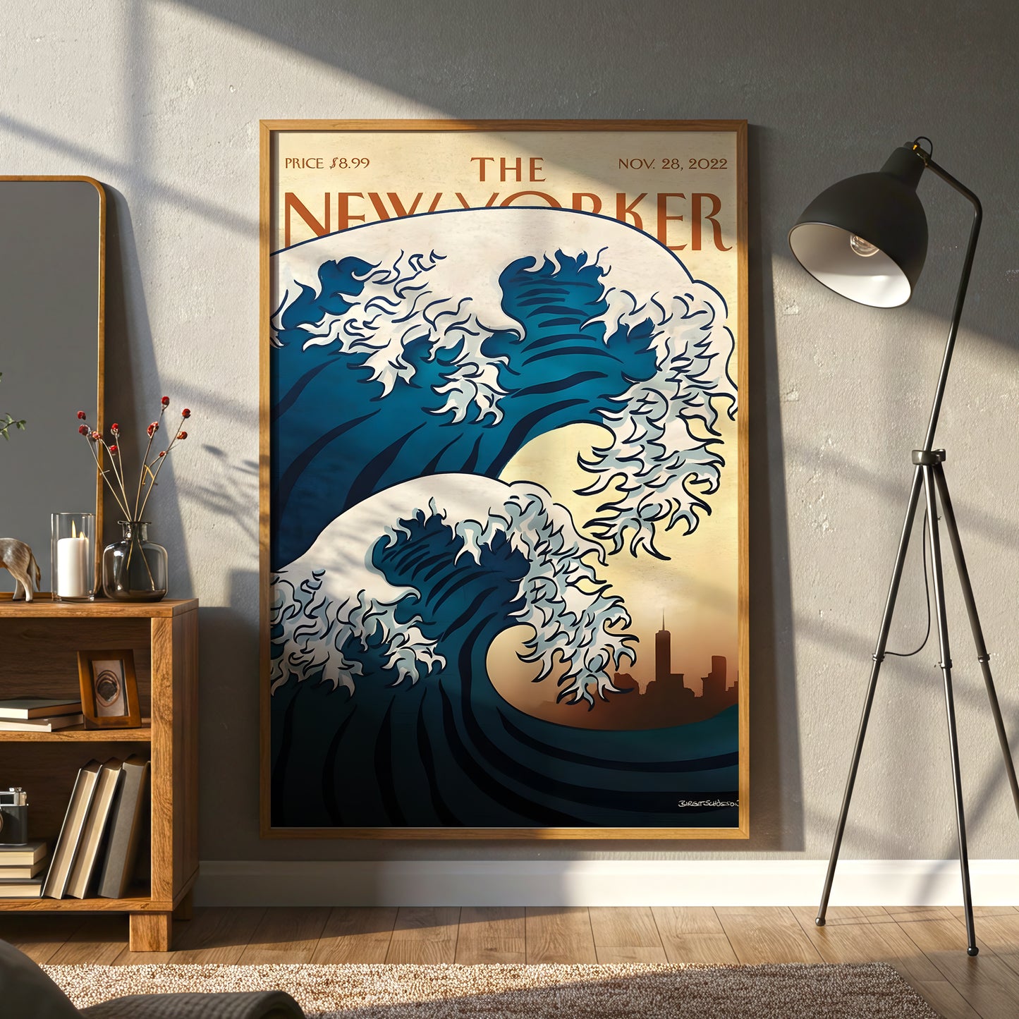 The New Yorker Magazine Cover Canvas Wall Art, Great Wave Modern Ocean Print, Japanese Art Inspired, Framed Ready to Hang, Blue Sea Wall Decor, Living Room Office Home Decoration