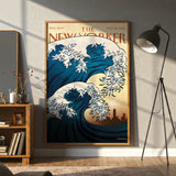 The New Yorker Magazine Cover Canvas Wall Art, Great Wave Modern Ocean Print, Japanese Art Inspired, Framed Ready to Hang, Blue Sea Wall Decor, Living Room Office Home Decoration
