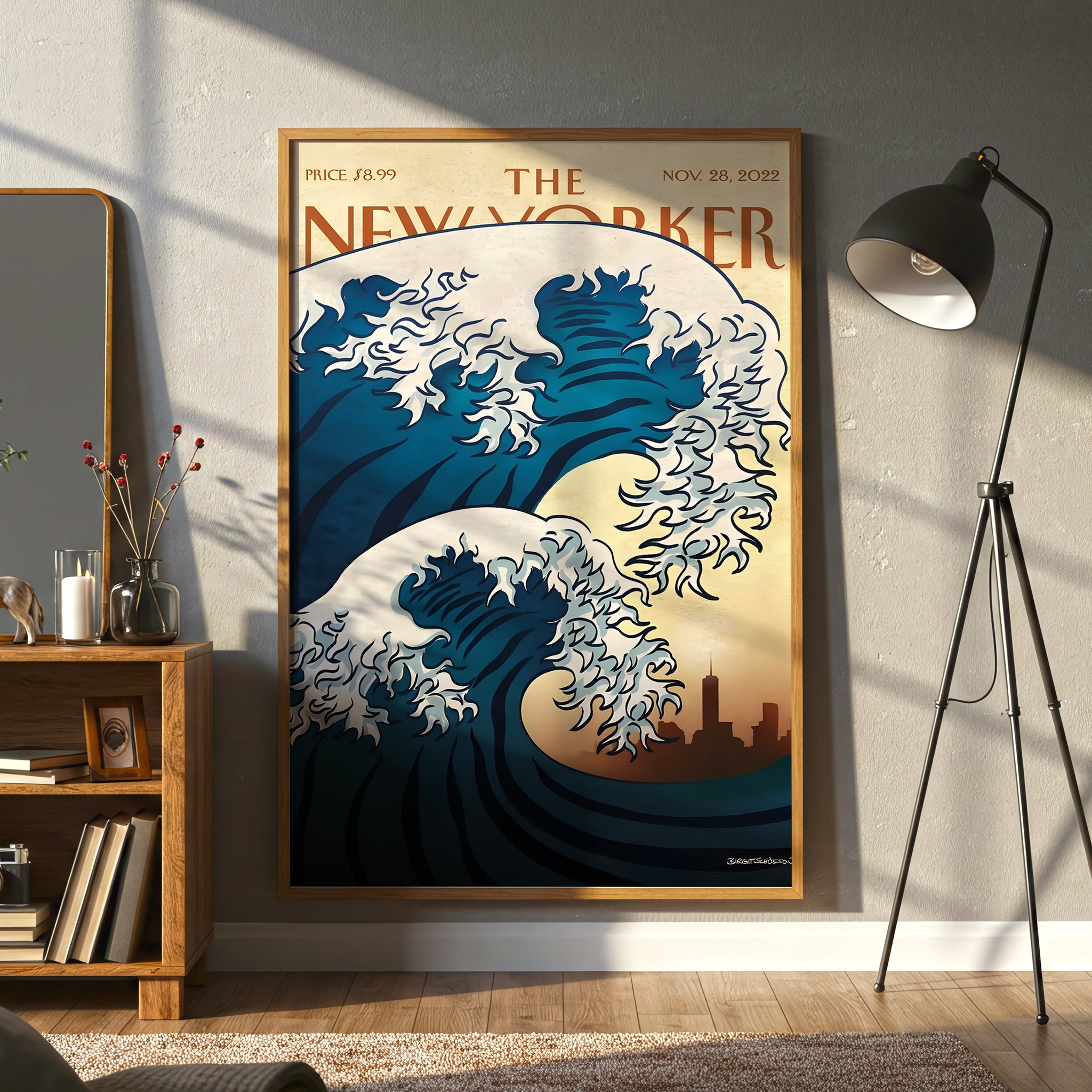 The New Yorker Magazine Cover Canvas Wall Art, Great Wave Modern Ocean Print, Japanese Art Inspired, Framed Ready to Hang, Blue Sea Wall Decor, Living Room Office Home Decoration