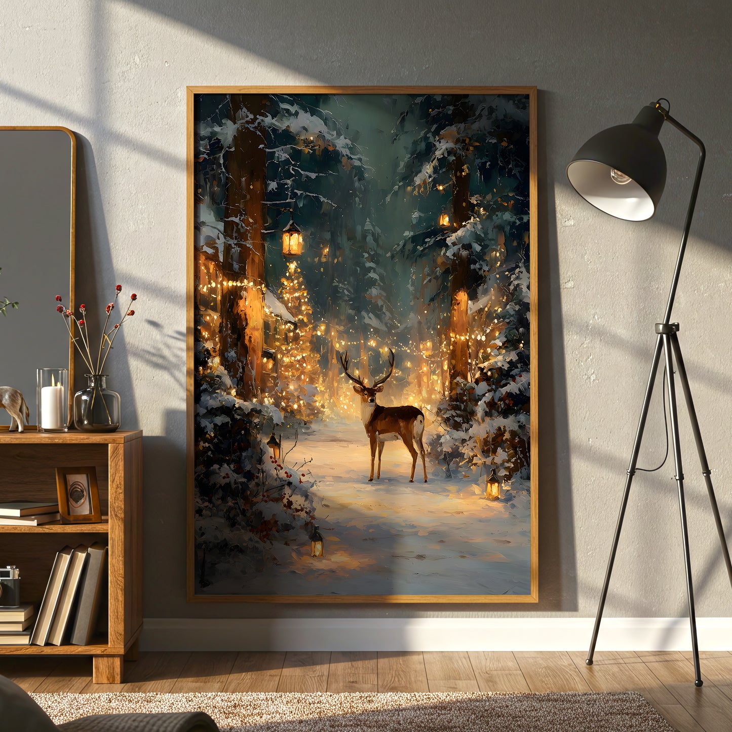 Enchanted Winter Forest with Deer, Holiday Lights, Canvas Wall Art, Snowy Woodland Scene, Festive Christmas Home Decor, Framed Modern Artwork