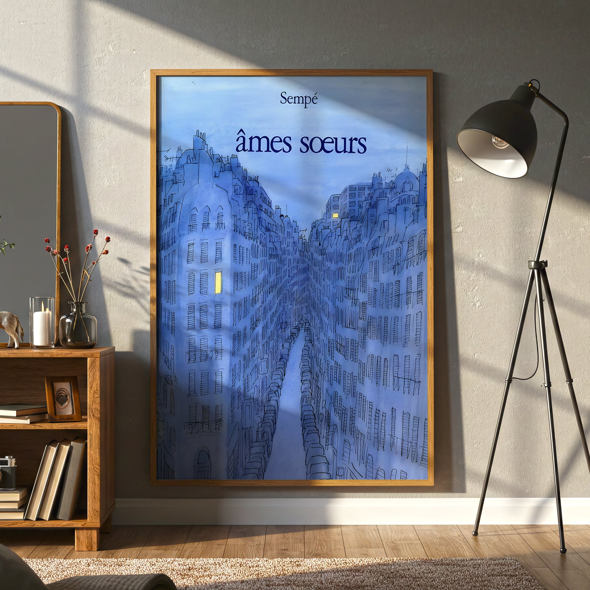 Paris Blue Cityscape Canvas Wall Art, Sempé Illustration, French Street Decor, Soulmates Wall Print, Urban Romantic Gift, Modern Home Accent