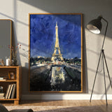 Eiffel Tower at Night Canvas Wall Art, Paris Landmark Painting, Impressionist Cityscape, Blue and Gold Modern Home Decor, Framed Artwork for Living Room or Bedroom