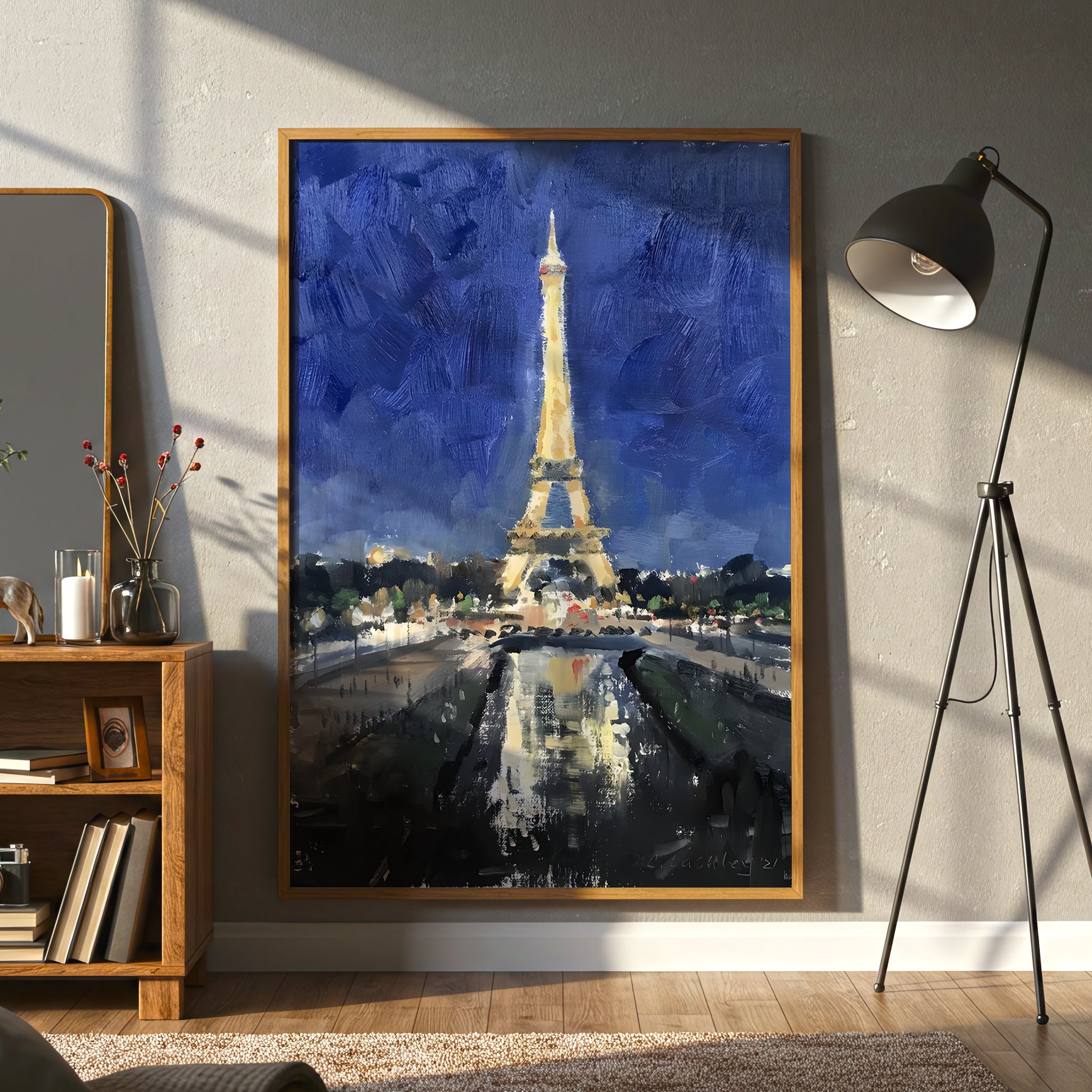 Eiffel Tower at Night Canvas Wall Art, Paris Landmark Painting, Impressionist Cityscape, Blue and Gold Modern Home Decor, Framed Artwork for Living Room or Bedroom