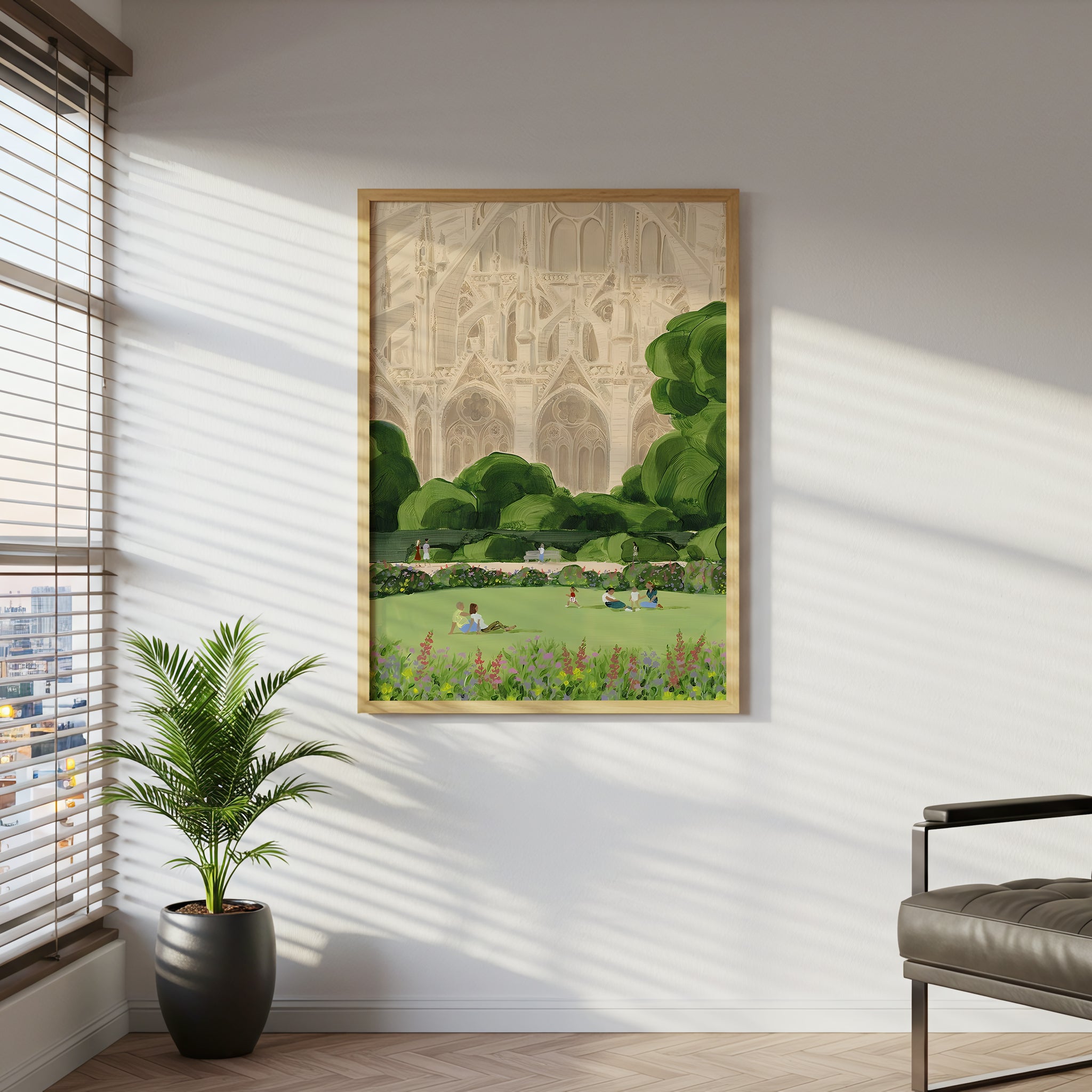 Notre Dame Park Scene Canvas Wall Art, Paris Landmark Decor, Botanical Landscape Print, Modern French Art for Living Room, Framed Canvas Wall Art, Elegant Gothic Cathedral Design