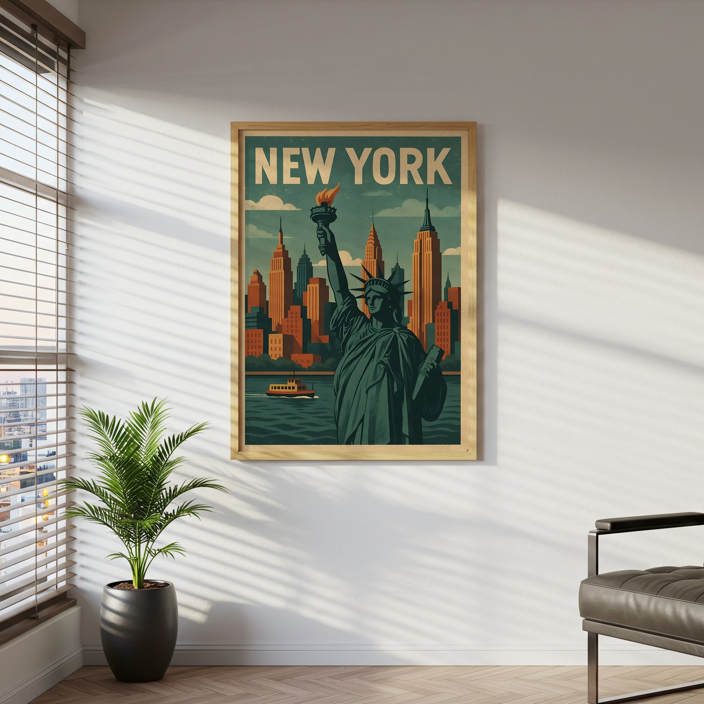New York Skyline Canvas Wall Art, Statue of Liberty Wall Decor, Retro Cityscape Artwork, Modern Urban Home Accent