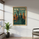 New York Skyline Canvas Wall Art, Statue of Liberty Wall Decor, Retro Cityscape Artwork, Modern Urban Home Accent