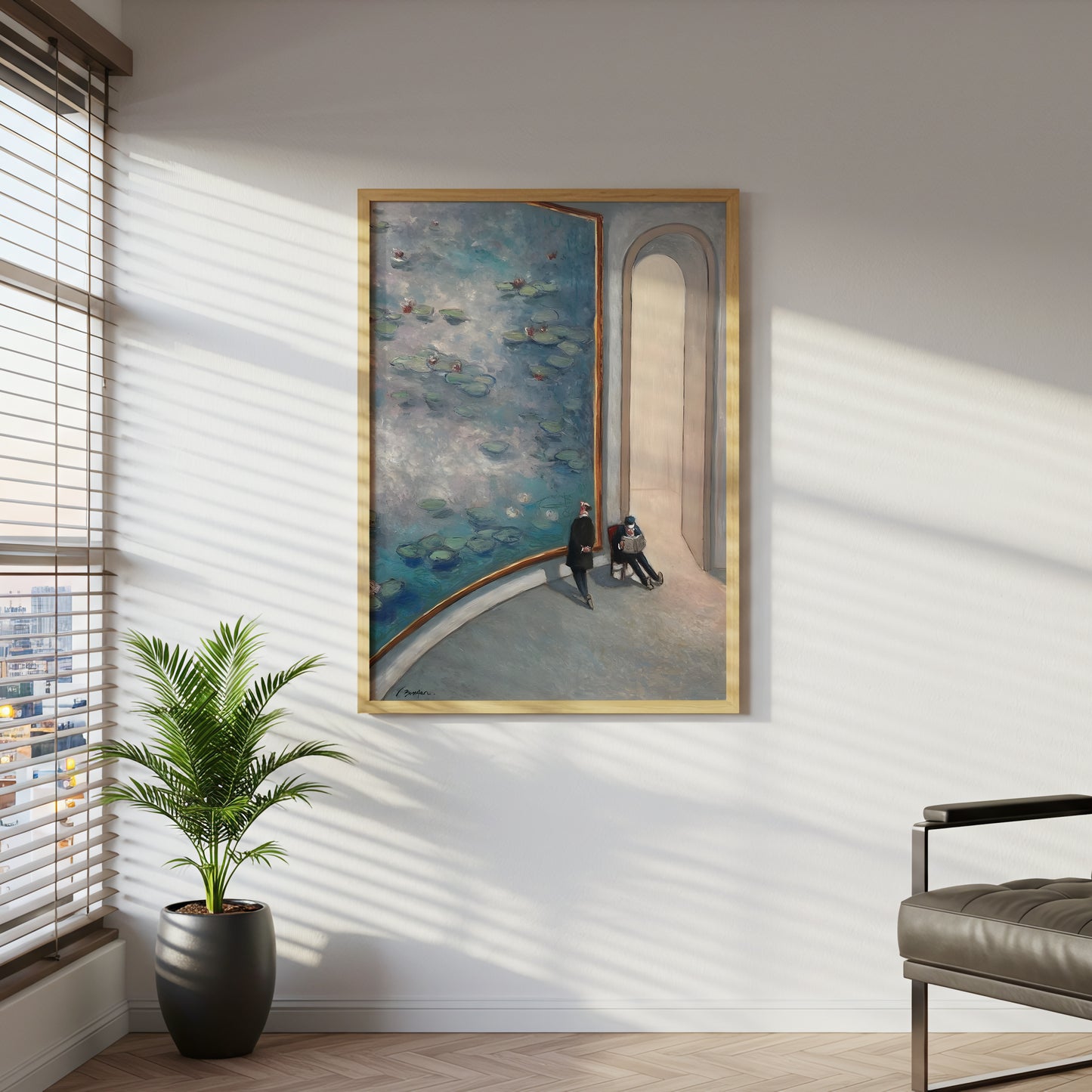 Gallery Room Scene with Large Water Lilies Canvas Wall Art, Modern Art Museum Decor, Impressionist Inspired Wall Art, Framed Home Decoration