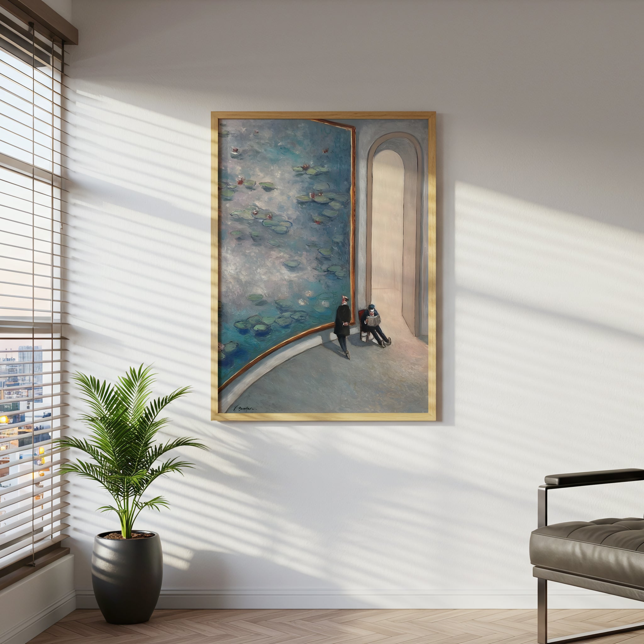 Gallery Room Scene with Large Water Lilies Canvas Wall Art, Modern Art Museum Decor, Impressionist Inspired Wall Art, Framed Home Decoration