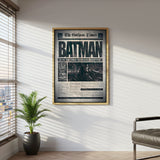 Batman Newspaper Poster Canvas Wall Art, Gotham Times Headline Print, Superhero Room Decor, Modern Comic Art, Framed Home Office Wall Decoration