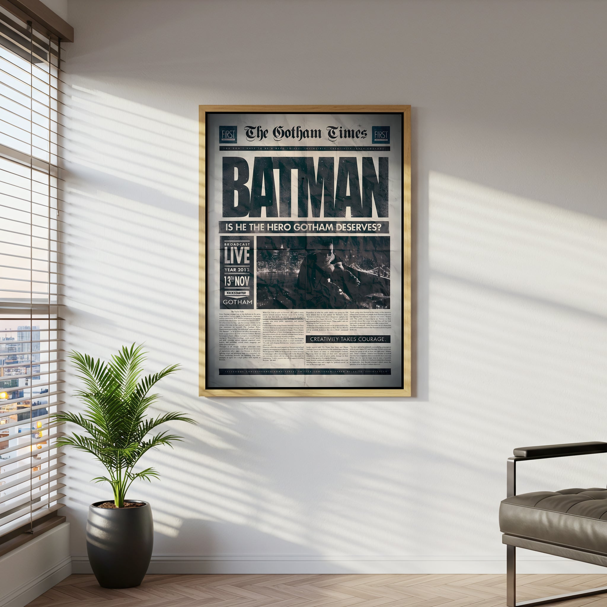 Batman Newspaper Poster Canvas Wall Art, Gotham Times Headline Print, Superhero Room Decor, Modern Comic Art, Framed Home Office Wall Decoration