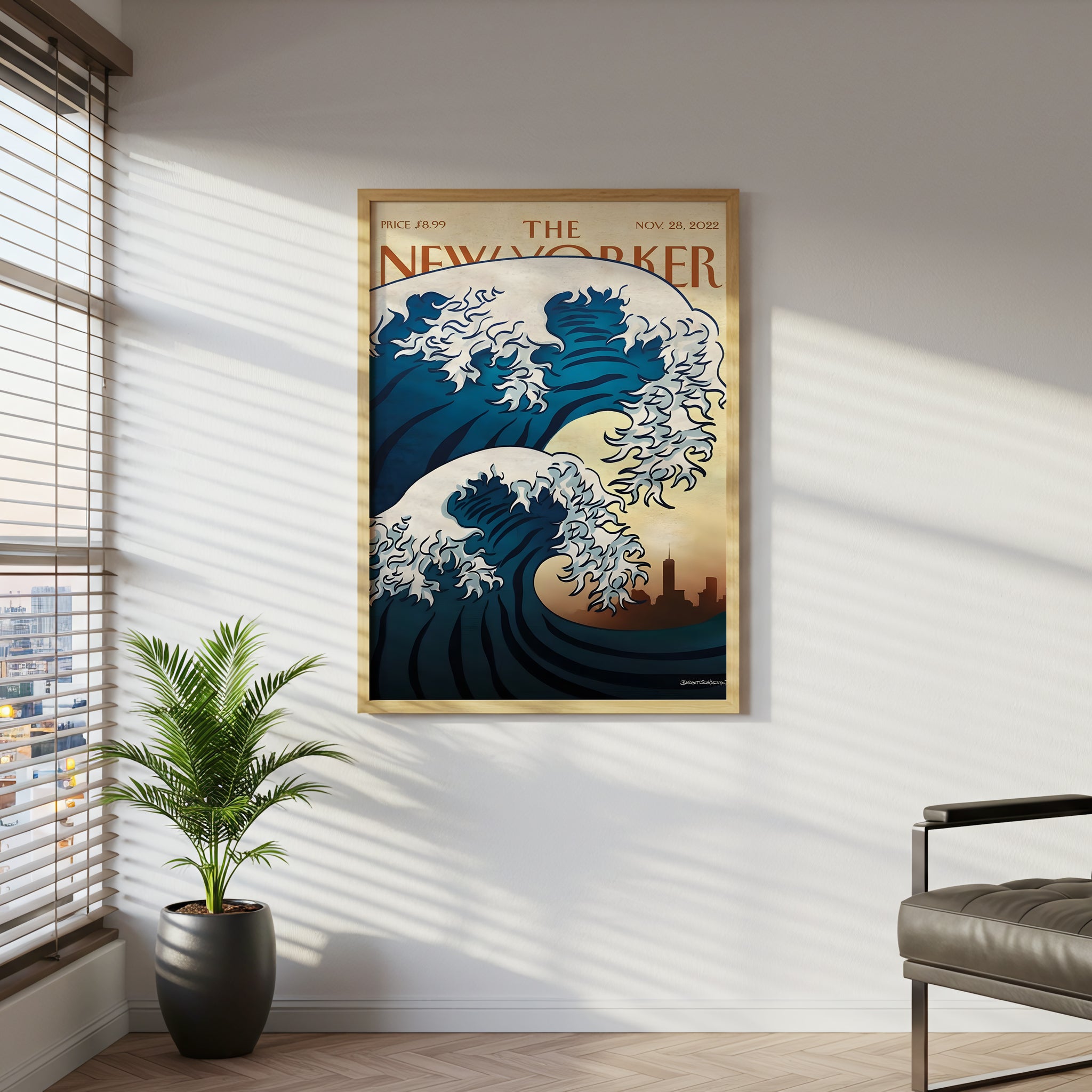 The New Yorker Magazine Cover Canvas Wall Art, Great Wave Modern Ocean Print, Japanese Art Inspired, Framed Ready to Hang, Blue Sea Wall Decor, Living Room Office Home Decoration