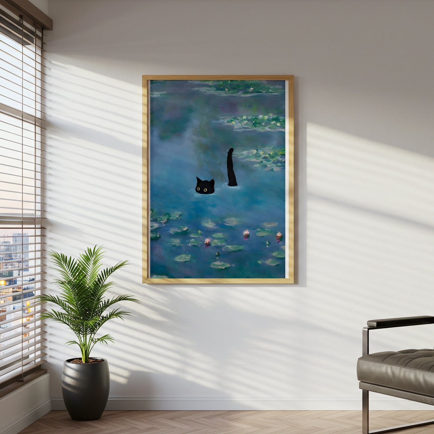 Black Cat in Water, Contemporary Whimsical Canvas Wall Art, Cute Animal Decor, Monet Inspired Lily Pond Artwork, Modern Home Accent