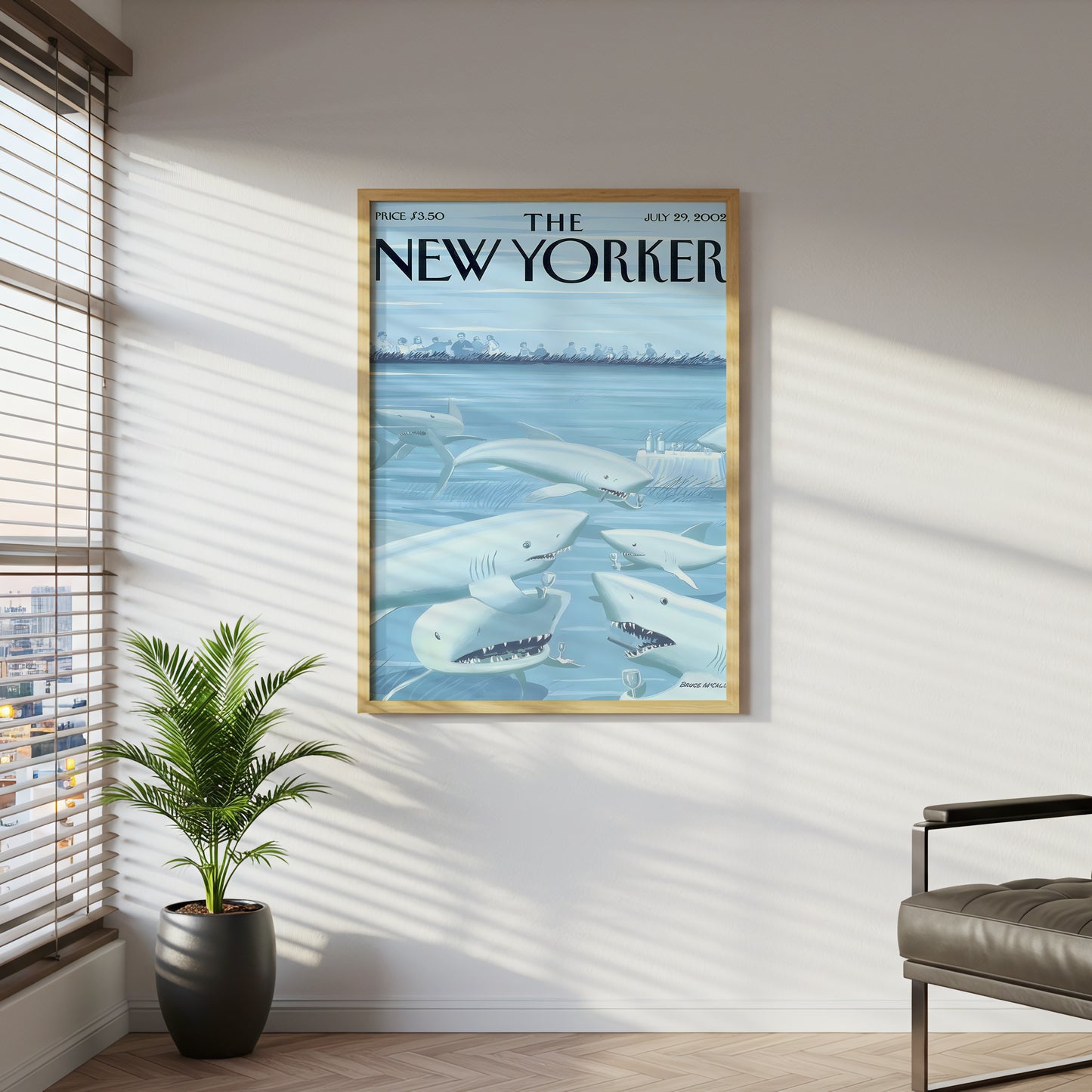 The New Yorker Cover Canvas Wall Art, Shark Illustration, Ocean Humor Decor, Modern Framed Print, Unique Living Room Art