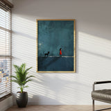 Girl and Cat Minimalist Canvas Wall Art, Whimsical Blue Abstract Painting, Modern Home Decor, Framed Canvas Wall Art, Unique Gift for Cat Lovers