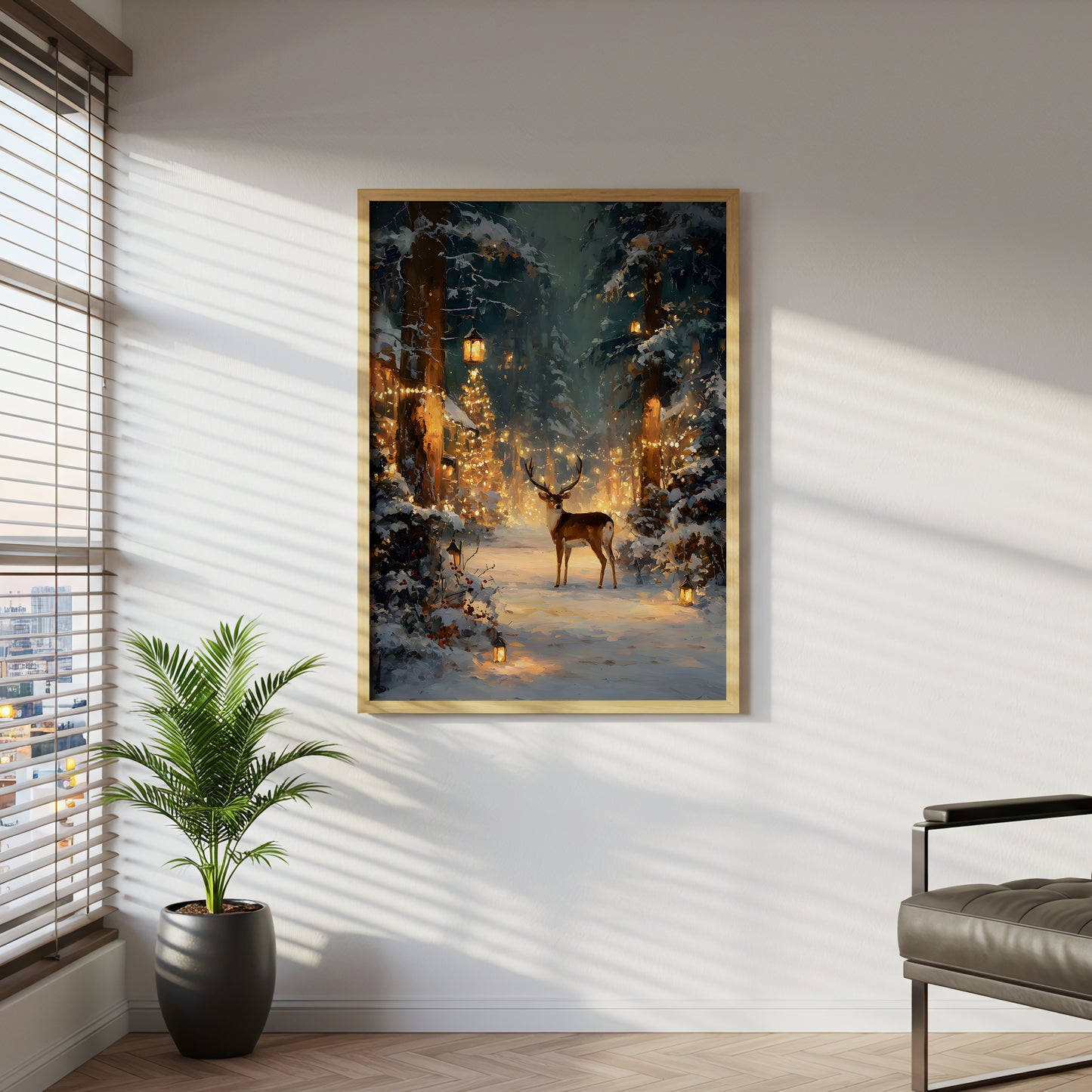 Enchanted Winter Forest with Deer, Holiday Lights, Canvas Wall Art, Snowy Woodland Scene, Festive Christmas Home Decor, Framed Modern Artwork
