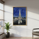 Eiffel Tower at Night Canvas Wall Art, Paris Landmark Painting, Impressionist Cityscape, Blue and Gold Modern Home Decor, Framed Artwork for Living Room or Bedroom