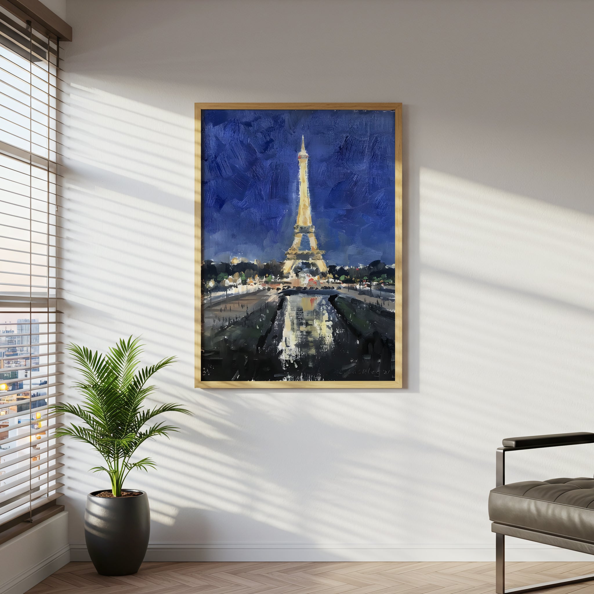 Eiffel Tower at Night Canvas Wall Art, Paris Landmark Painting, Impressionist Cityscape, Blue and Gold Modern Home Decor, Framed Artwork for Living Room or Bedroom