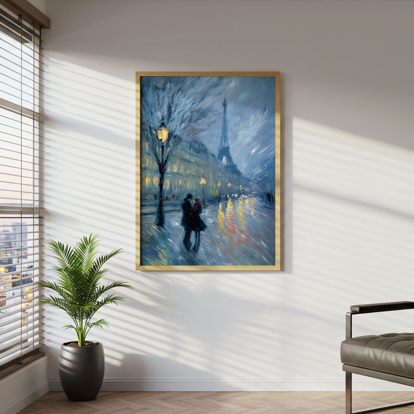 Paris Romance at Night Canvas Wall Art, Eiffel Tower Cityscape Painting, Impressionist Couple Under Streetlights, Modern Home Decor