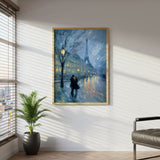 Paris Romance at Night Canvas Wall Art, Eiffel Tower Cityscape Painting, Impressionist Couple Under Streetlights, Modern Home Decor