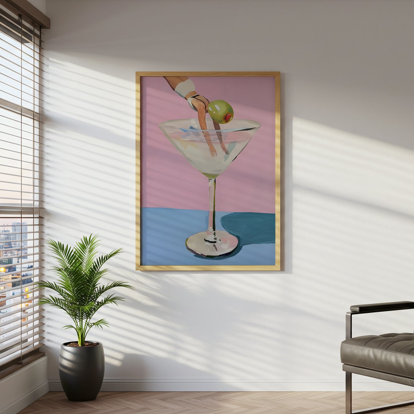 Diver Martini Canvas Wall Art, Modern Surreal Cocktail Painting, Whimsical Home Decor, Pink and Blue Art Print, Framed Art for Living Room or Bar