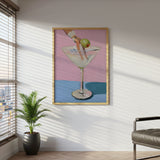 Diver Martini Canvas Wall Art, Modern Surreal Cocktail Painting, Whimsical Home Decor, Pink and Blue Art Print, Framed Art for Living Room or Bar